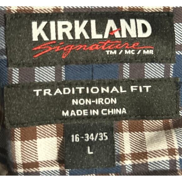 Kirkland Signature Men's Traditional Fit Blue Brown Plaid Long Sleeve Size L - Picture 4 of 6